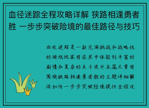 血径迷踪全程攻略详解 狭路相逢勇者胜 一步步突破险境的最佳路径与技巧